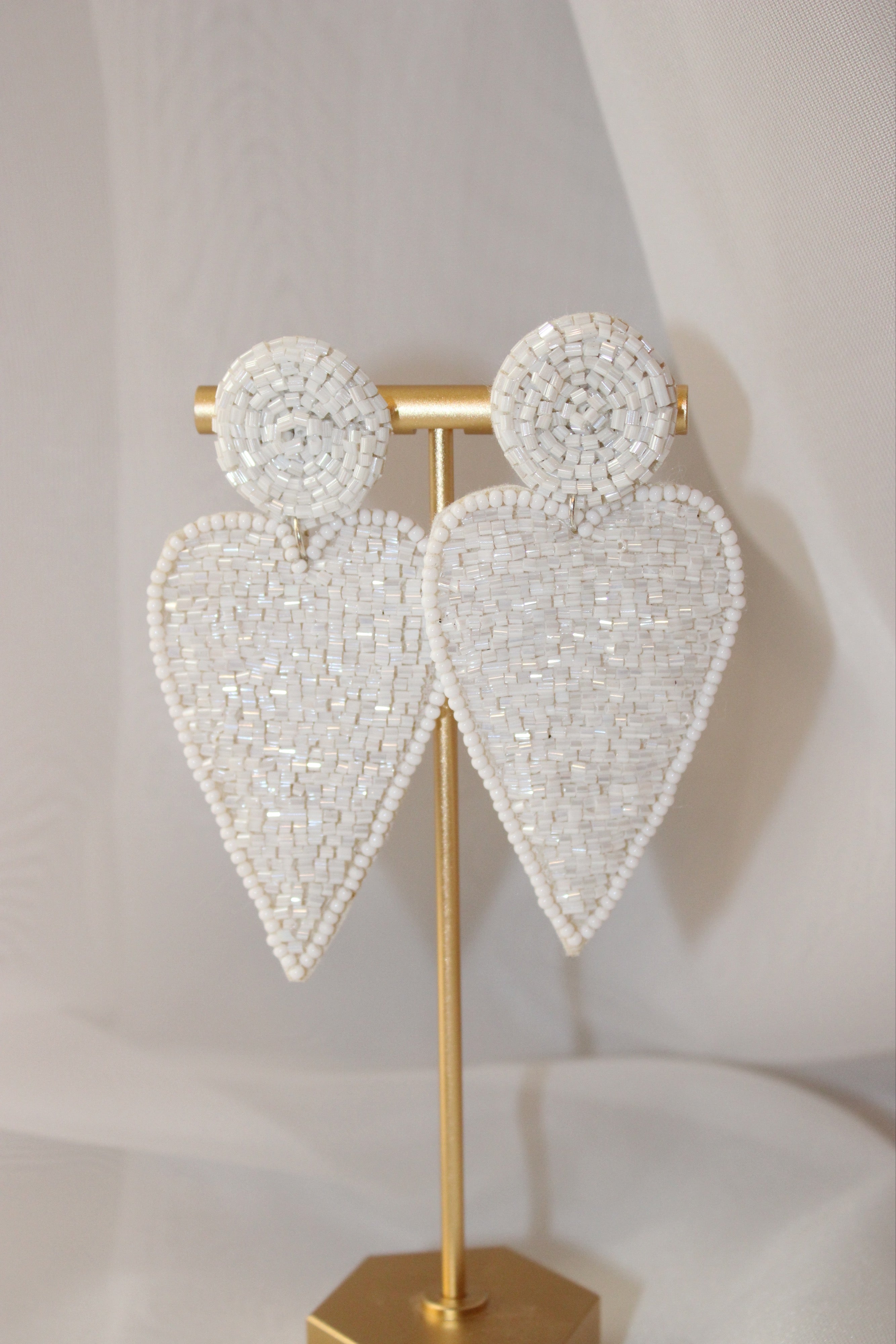 Beaded Heart Earrings - White