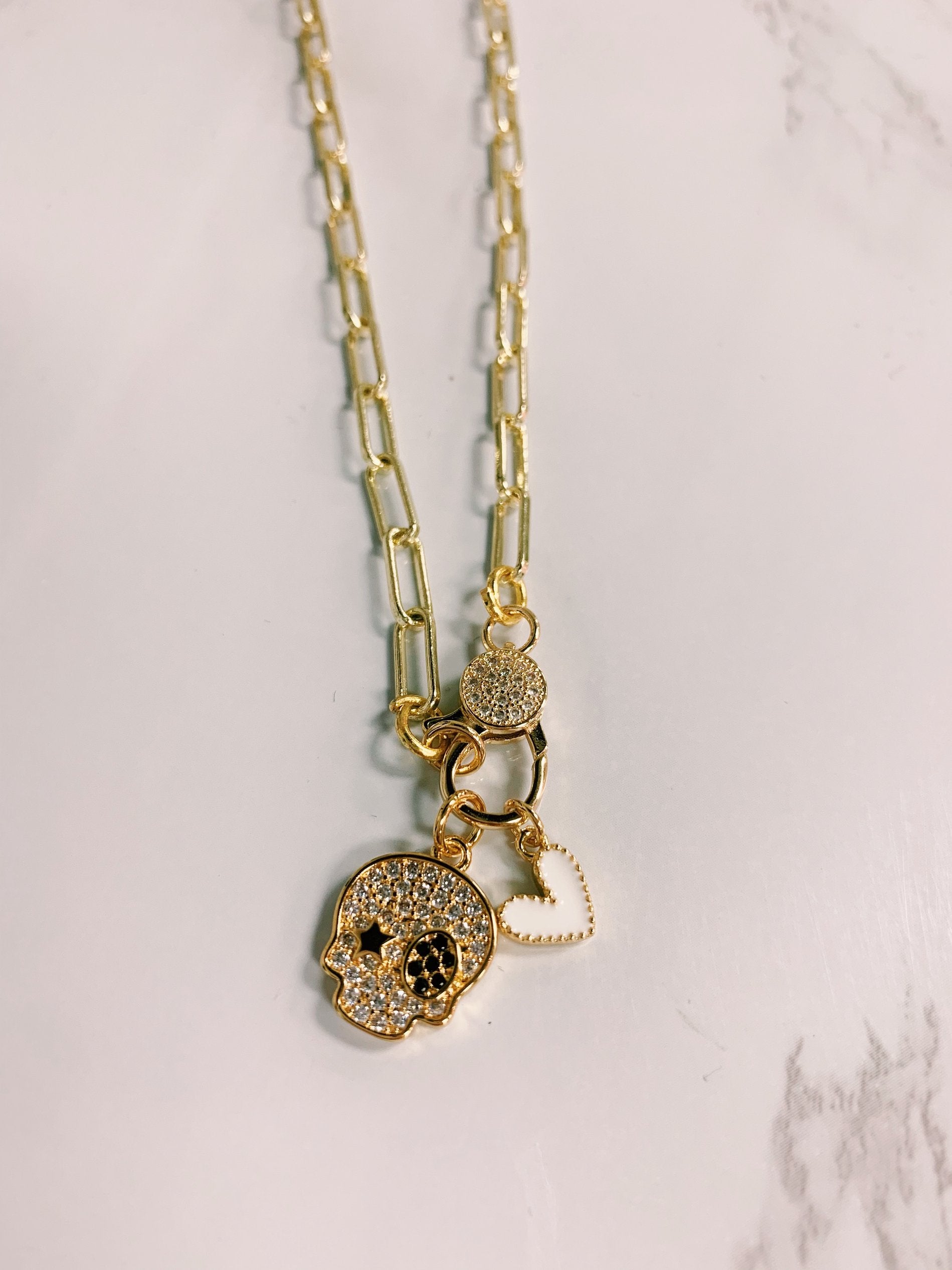 skull & heart cluster charm necklace