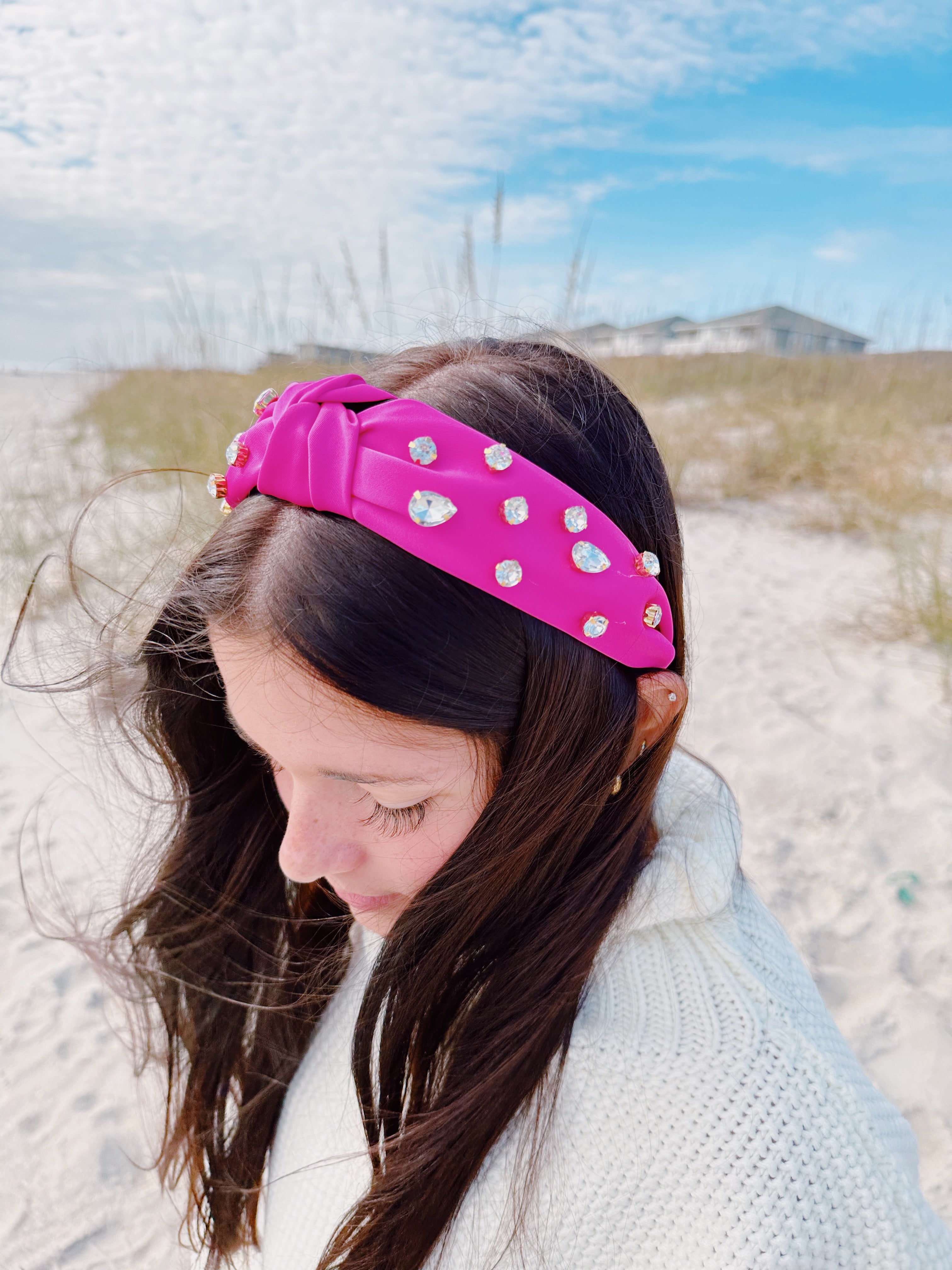 Knotted Jewel Satin Headband - Pink